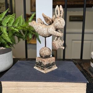 Primitive Flying Angel Bunny Figurine on Pedestal | Rustic Easter Sculpture